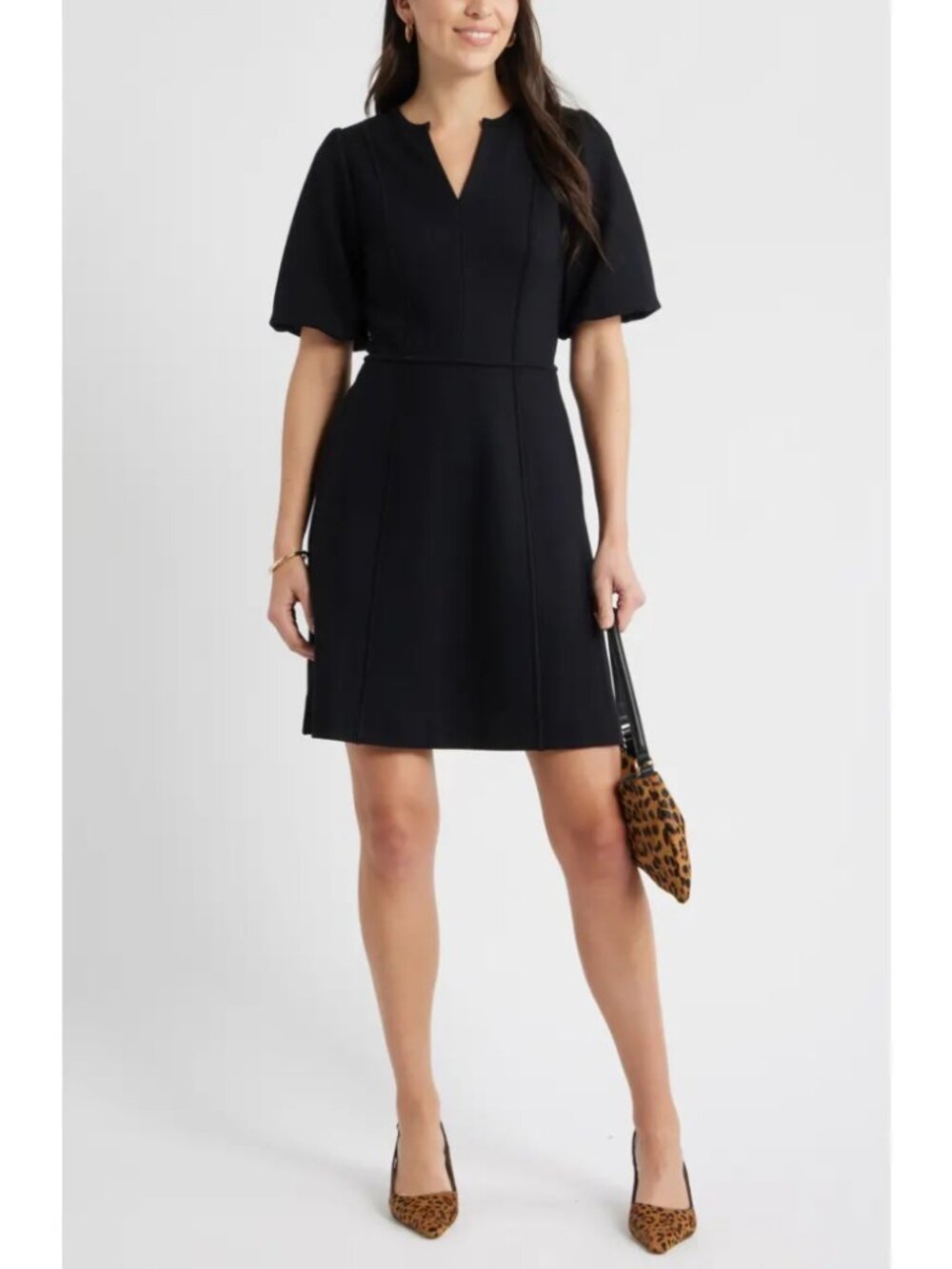 Caslon Puff Sleeve Ponte Mini Dress Navy Blue Notched Neck Party Casual Size M